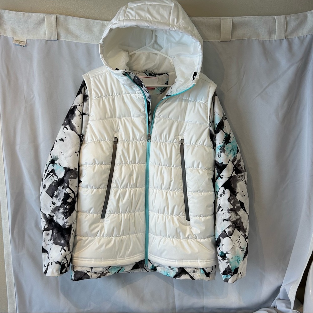 Women’s Winter Coat Spyder White and Black/Blue Pattern, size large